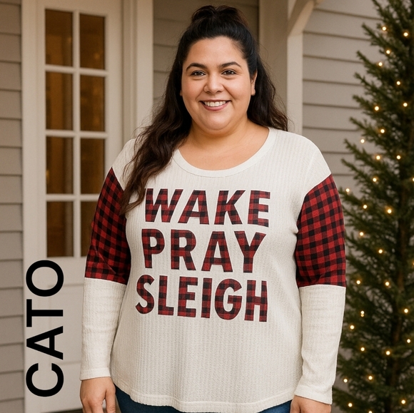 Cato Tops - Cato • Christmas Top "Wake Pray Sleigh" Waffle Knit | Buffalo Plaid | 2X 18/20